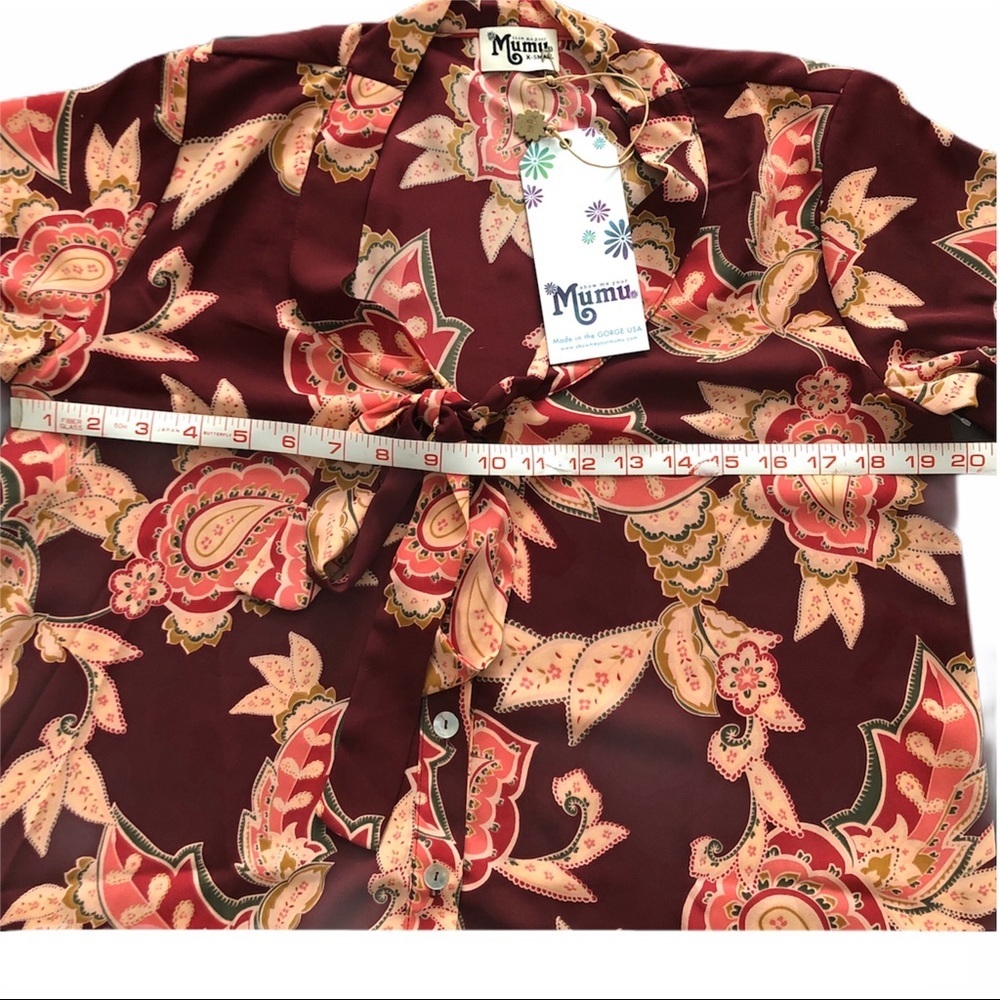 Show Me Your Mumu Brynn Paisley Boho Blouse Tie Neck Burgundy XS NWT - Picture 12 of 16